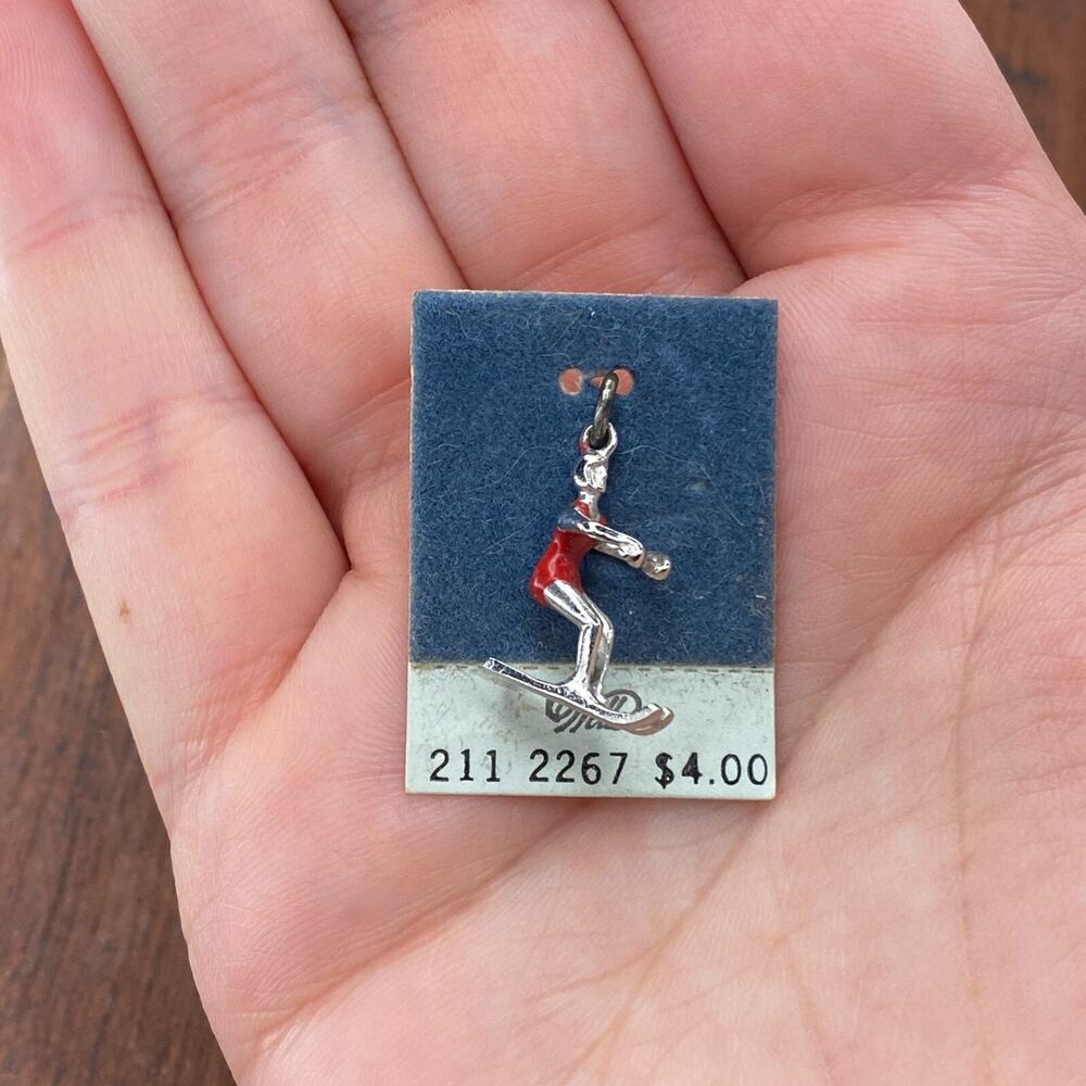 Vintage Wells 925 Sterling Silver Enamel Female Water Skier Pendant Charm